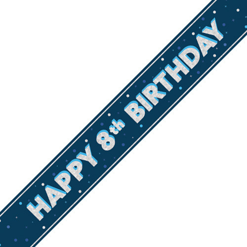A 9ft navy blue banner silver foil with happy 8th birthday message, manufactured by Unique.