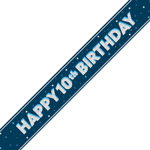 A 9ft navy blue banner silver foil with happy 10th birthday message, manufactured by Unique.