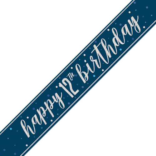 A 9ft navy blue banner with silver foil message for an 12th birthday, manufactured by Unique.