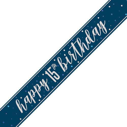 A 9ft navy blue banner with silver foil message for a 15th birthday, manufactured by Unique.