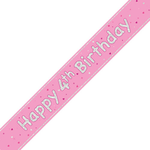A 9ft pink banner with silver happy 4th birthday message.