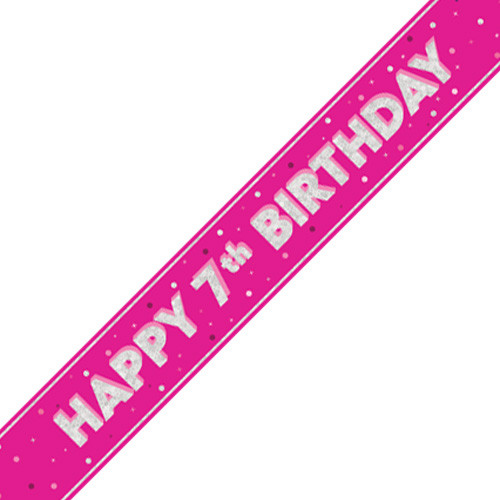 A 9ft bright pink banner with silver foil 7th birthday message, manufactured by Unique.
