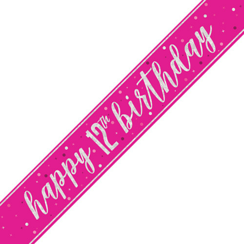 A 9ft bright pink birthday banner with silver foil 12th birthday message, manufactured by Unique.