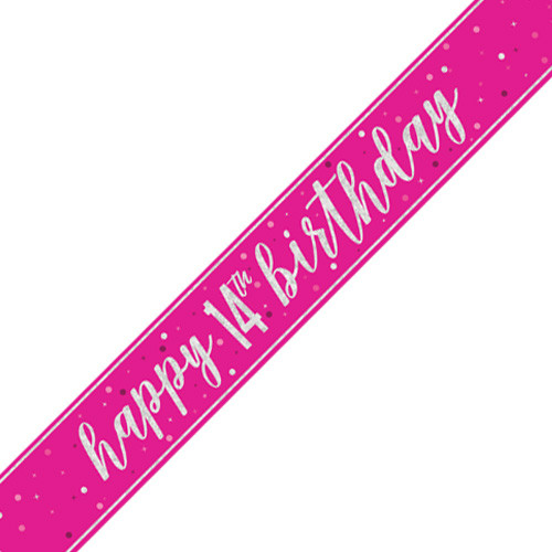 A 9ft bright pink banner with silver foil 14th birthday message, manufactured by Unique.