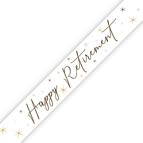 A 9ft white and gold happy retirement banner with metallic foil finish, manufactured by Unique.