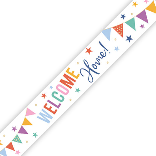 A colourful welcome banner, printed with a bunting design and lettering, manufactured by Unique.