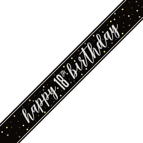 A black and silver foil 18th birthday banner, manufactured by Unique.