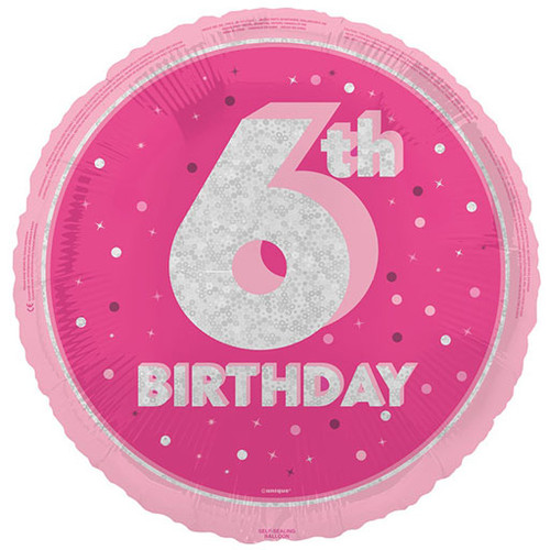 An 18 inch 6th Birthday Pink Glitz Foil Balloon, manufactured by Unique!