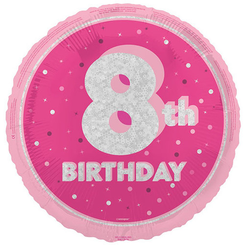 An 18 inch 8th Birthday Pink Glitz Foil Balloon, manufactured by Unique!