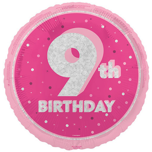 An 18 inch 9th Birthday Pink Glitz Foil Balloon, manfuactured by Unique!