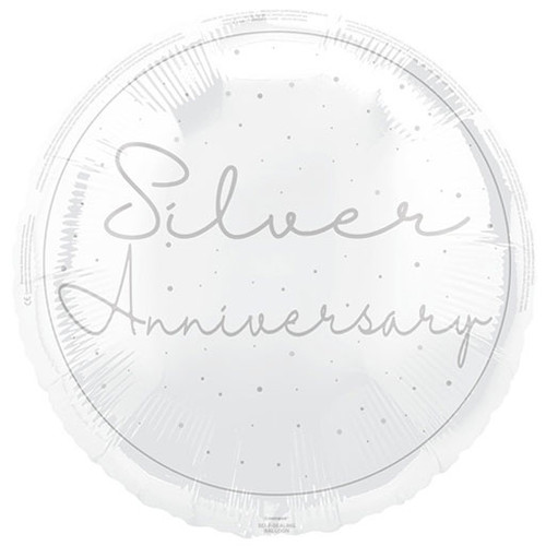 An 18 inch Happy Silver Anniversary Script Foil Balloon, manufactured by Unique!