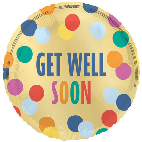 An 18 inch Get Well Soon Polka Dots Foil Balloon, manufactured by Unique!