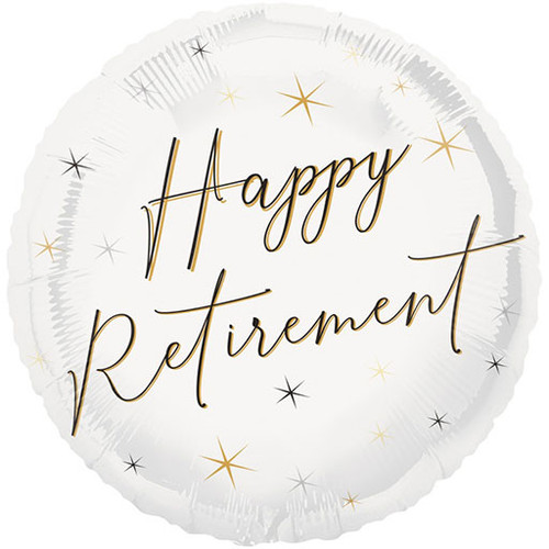An 18 inch Happy Retirement Fancy Script Foil Balloon, manufactured by Unique!