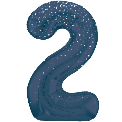 A 34 inch Unique Blue Glitz Number 2 Foil Balloon, manufactured by Unique!