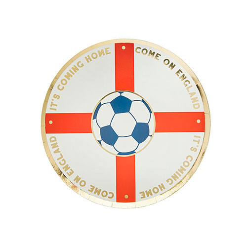A paper plate with English flag and football design, manufactured by Hootyballoo.