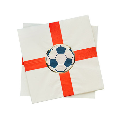 A pack of England printed napkins, white with reg flag and fooball shape print, manufactured by Hootyballoo.