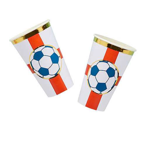 Two printed paper cups in white with red english flag and football design, manufactured by Hootyballoo.