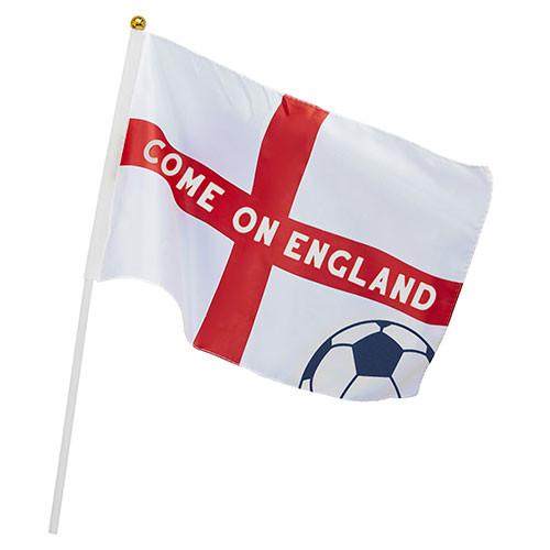 A large white flag with England design and football print, manufactured by Hootyballoo.