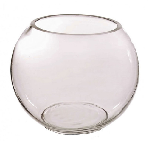 A clear fish bowl shaped glass vase