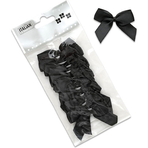 A pack of 12 5cm black satin ribbon bows.
