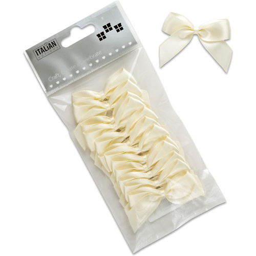 A pack of 12 5cm ivory satin ribbon bows.