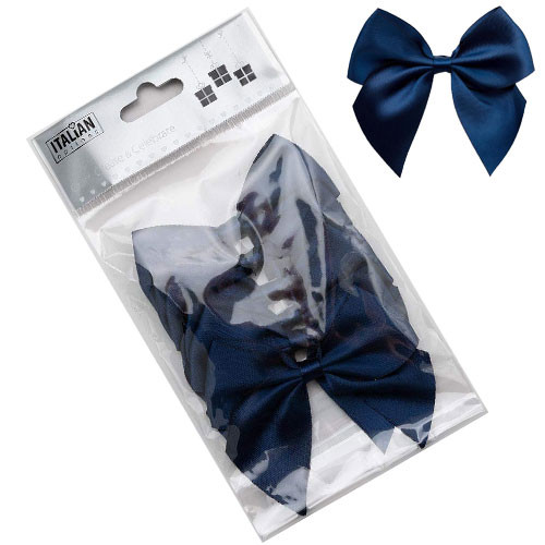 A pack of 6 10cm navy satin ribbon bows.