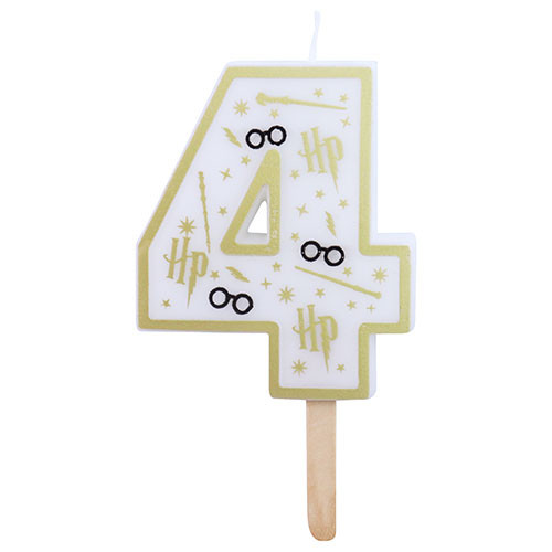 A white, gold, and black number four candle with Harry Potter themed design, featuring lightning bolts, wands, stars, and glasses.