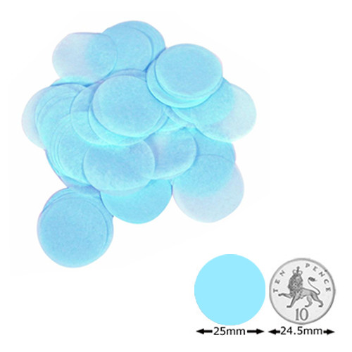 Collection of 25mm diameter soft blue circular confetti shapes, shown with a 10p image for scale.