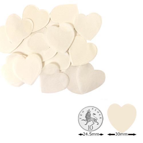 Collection of 30mm white heart confetti shapes, shown with a 10p image for scale.