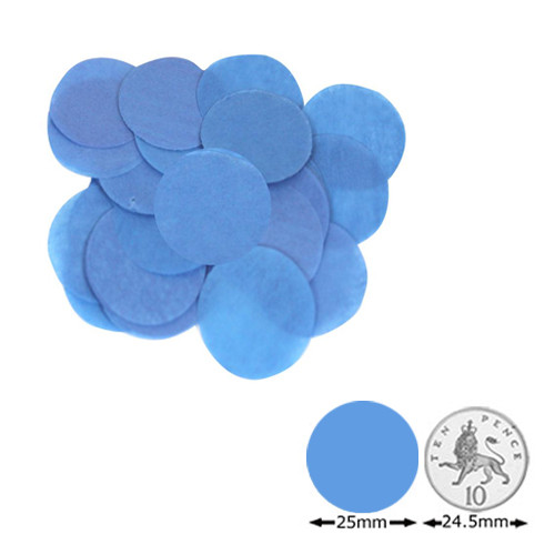 Collection of 25mm diameter blue circular confetti shapes, shown with a 10p image for scale.