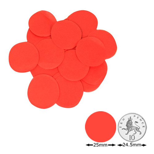 Bright red colour circular shape confetti with a diameter of 25mm, shown with an image of a ten pence piece for scale.