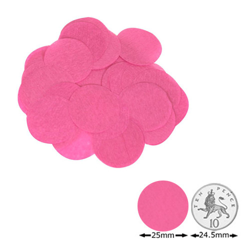 Fuchsia pink circular shape confetti with a diameter of 25mm, shown with an image of a ten pence piece for scale.