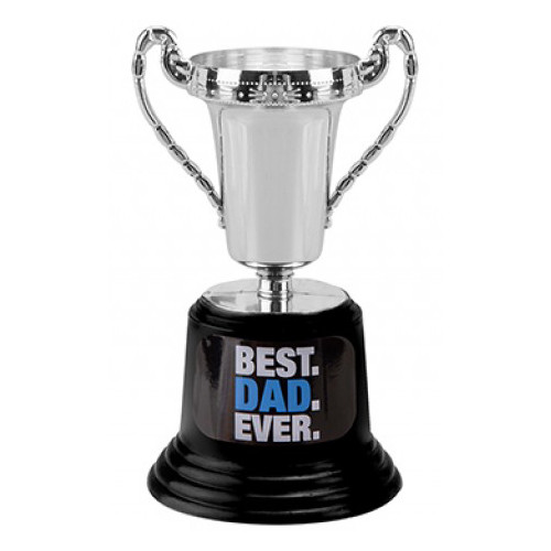 A silver & black trophy with 'best dad ever' written on it