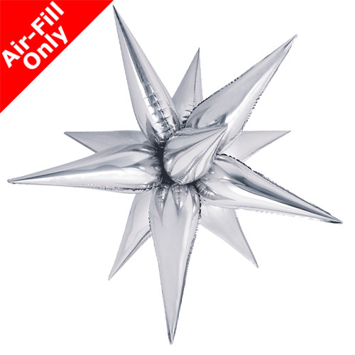 A silver coloured starburst shaped foil balloon