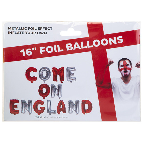 A pack of red and silver foil balloons spelling out the words 'Come on England'