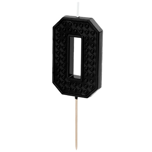 A building block patterned black candle in the shape of a number 0