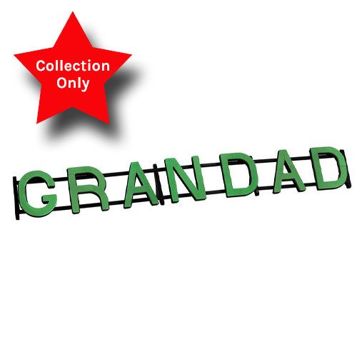 A floral foam display, spelling out the word 'GRANDAD', manufactured by Oasis.