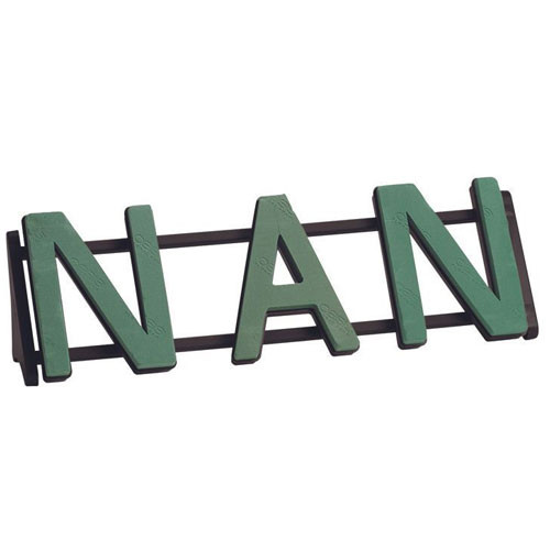 A floral foam display, spelling out the word 'NAN', manufactured by Oasis.