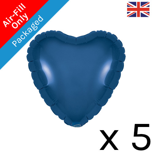 A pack of 5 small navy blue heart shaped foil balloons manufactured by Oaktree UK