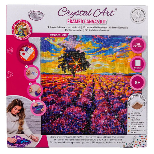A Lavender Field Crystal Art Kit,, featuring a design of a sunset meadow!