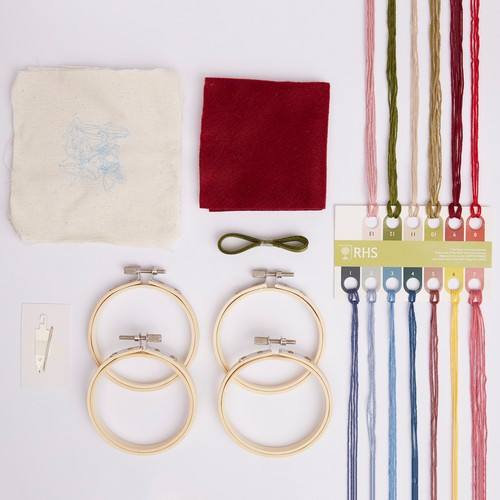 Contents of a Butterfly & flora themed embroidery kit.