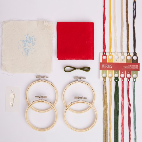 Contents of a summer berries themed embroidery kit.