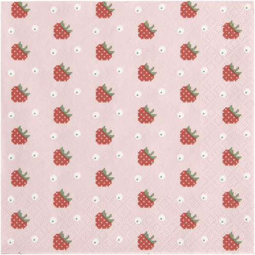 Pink strawberry themed paper napkins, manufactured by Rico Design. Pink strawberry themed paper napkins, manufactured by Rico Design.