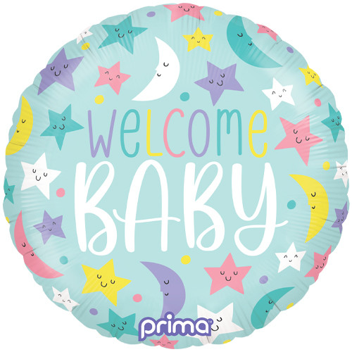 An 18 inch welcome baby balloon with a moon and star design, manufactured by Prima.