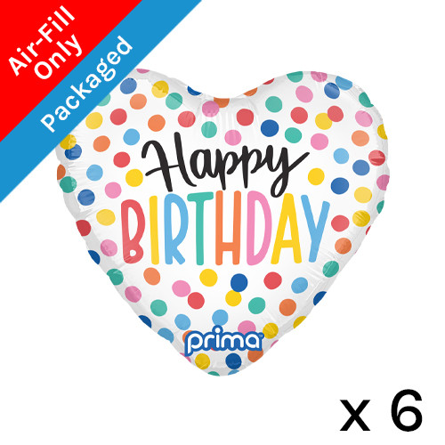 A 9 inch heart shaped birthday balloon with a confetti print, manufactured by Prima.