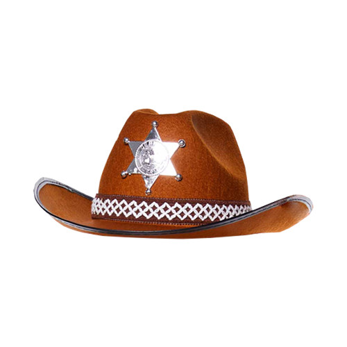 Child size, brown cowboy hat with silver star badge.