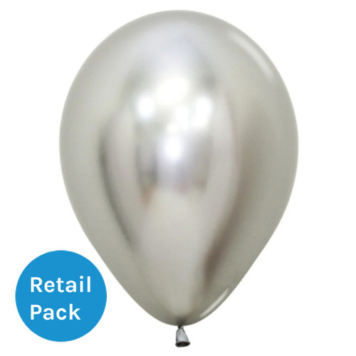 A 12 inch reflex silver latex balloon, manufactured by Sempertex.