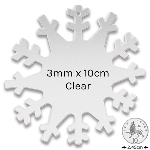 A 10cm clear acrylic snowflake shape, manufacured by Nancy Loves.