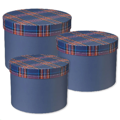 A set of 3 midnight blue tartan hat boxes A set of 3 midnight blue tartan hat boxes