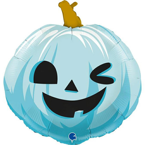 A blue funny face pumpkin foil balloon A blue funny face pumpkin foil balloon